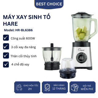 Máy xay sinh tố Hare HR BL6386 công suất 600W 3 cối thủy tinh, 4 chế độ xay bảo hành 12 tháng