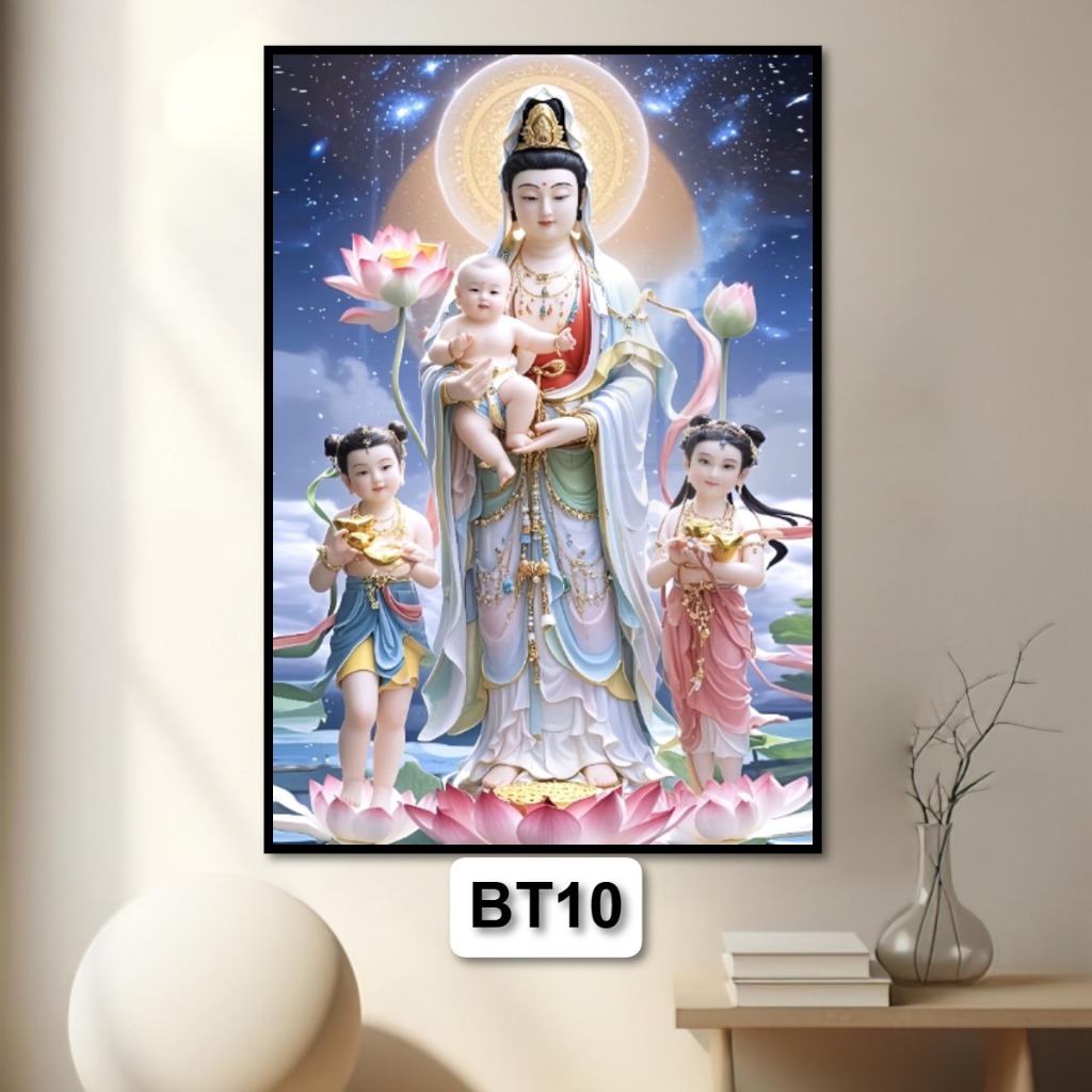 Quan Thế Âm Bồ Tát - Tranh Phật Giáo Tráng Gương Có Khung Treo Tường - Phòng Thờ Tặng Kèm Đinh 3 Chân