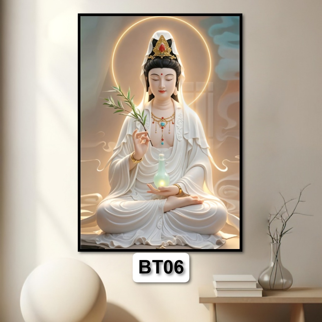 Quan Thế Âm Bồ Tát - Tranh Phật Giáo Tráng Gương Có Khung Treo Tường - Phòng Thờ Tặng Kèm Đinh 3 Chân