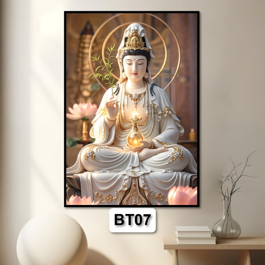 Quan Thế Âm Bồ Tát - Tranh Phật Giáo Tráng Gương Có Khung Treo Tường - Phòng Thờ Tặng Kèm Đinh 3 Chân