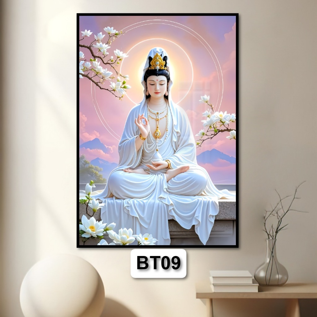 Quan Thế Âm Bồ Tát - Tranh Phật Giáo Tráng Gương Có Khung Treo Tường - Phòng Thờ Tặng Kèm Đinh 3 Chân