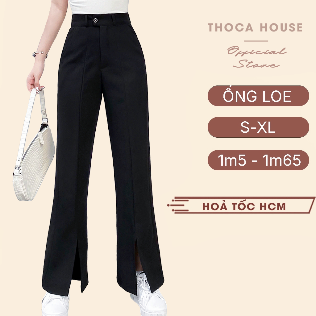 Ảnh Quần ống loe nữ xẻ lai tây tuyết mưa lưng cao trơn đen THOCA HOUSE thời thượng, trendy 1