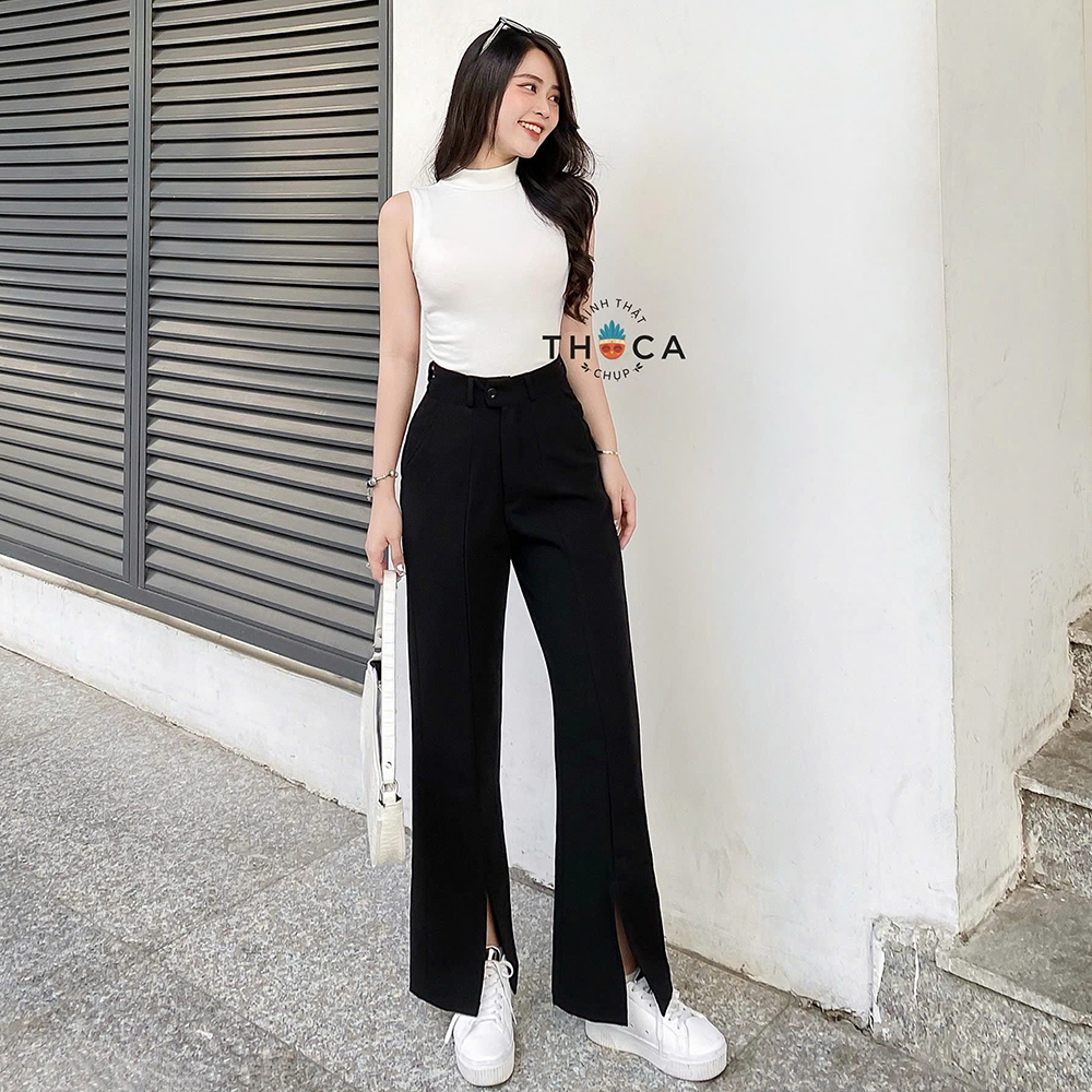 Ảnh Quần ống loe nữ xẻ lai tây tuyết mưa lưng cao trơn đen THOCA HOUSE thời thượng, trendy 2