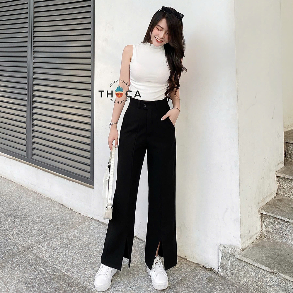 Ảnh Quần ống loe nữ xẻ lai tây tuyết mưa lưng cao trơn đen THOCA HOUSE thời thượng, trendy 3