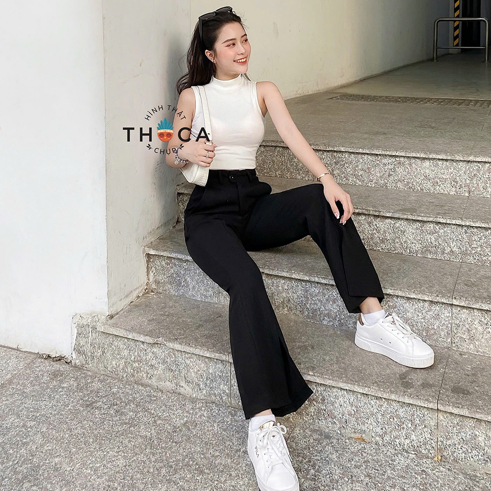 Ảnh Quần ống loe nữ xẻ lai tây tuyết mưa lưng cao trơn đen THOCA HOUSE thời thượng, trendy 4