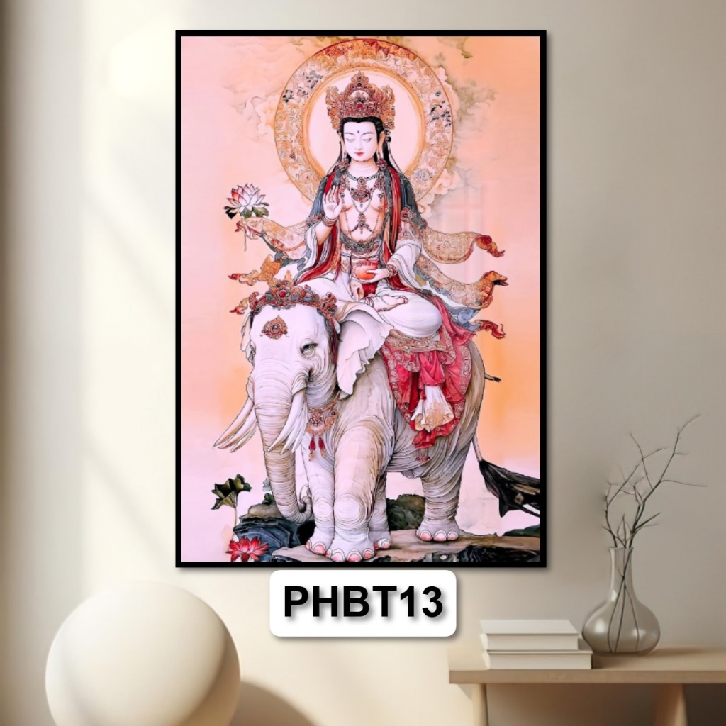 Tranh Gỗ Tráng Gương Có Khung Phổ Hiền Bồ Tát - Tranh Tráng Gương Treo Tường Phòng Thờ