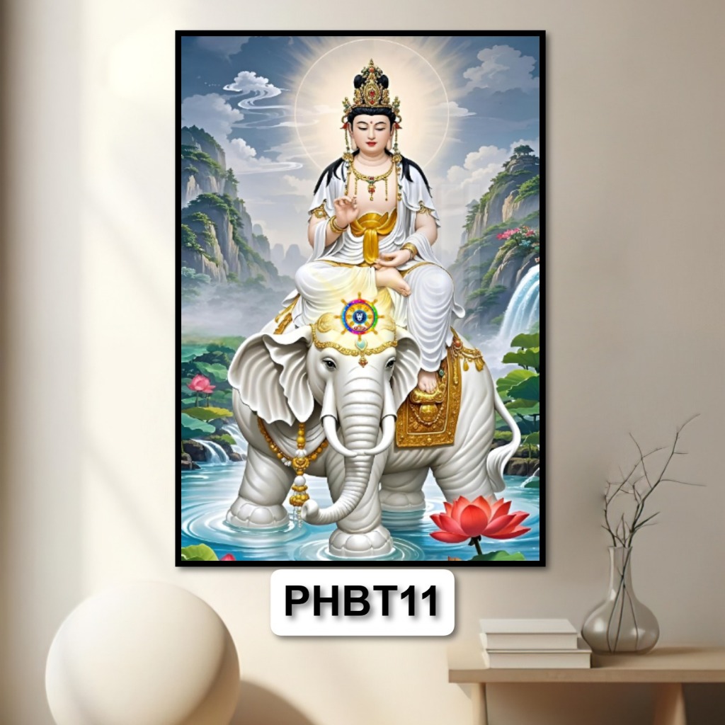 Tranh Gỗ Tráng Gương Có Khung Phổ Hiền Bồ Tát - Tranh Tráng Gương Treo Tường Phòng Thờ