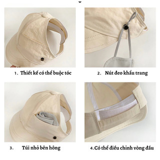 Mũ chống nắng nửa đầu MAISON kiểu dáng Hàn Quốc vành rộng có móc đeo khẩu trang, mũ chống nắng buộc tóc đuôi ngựa