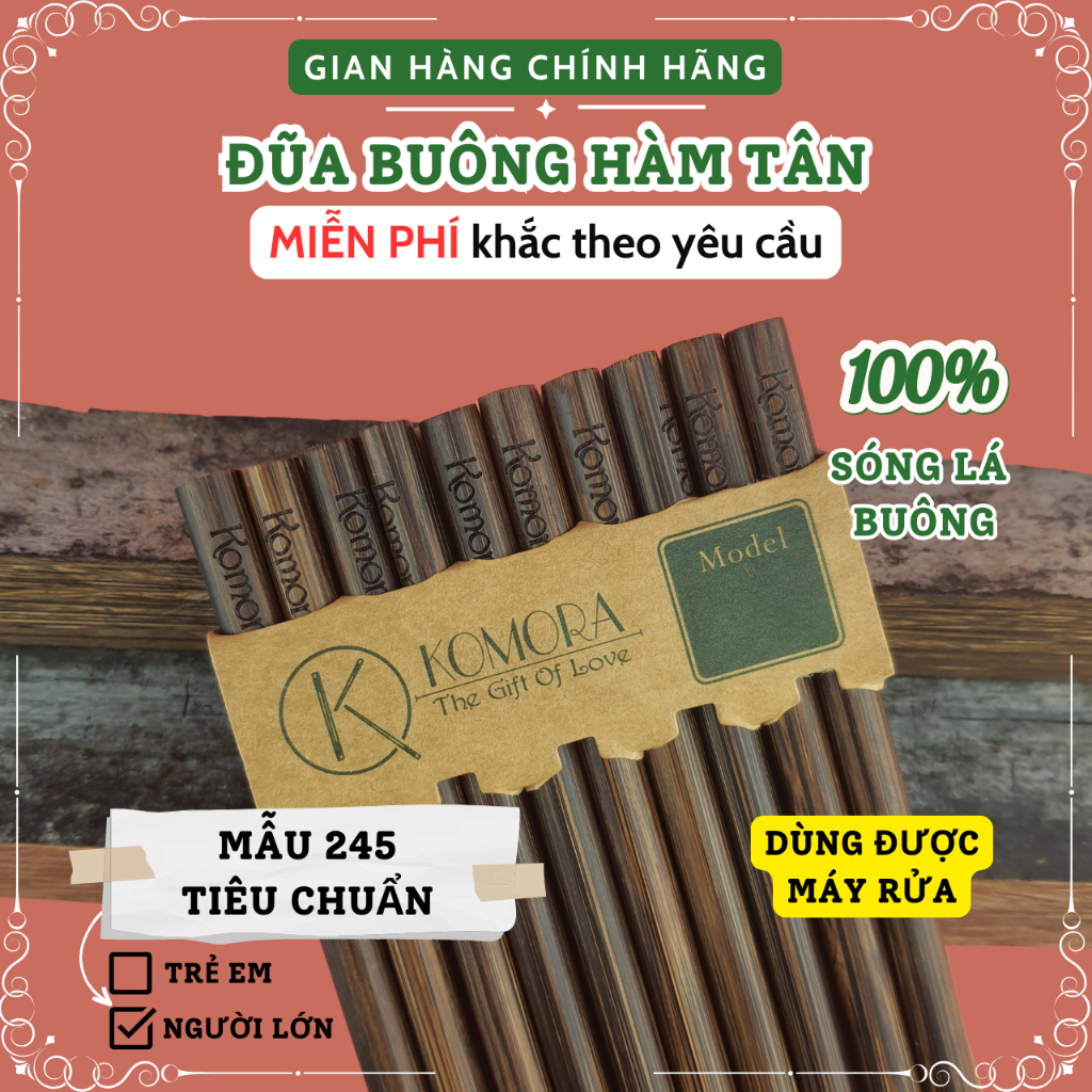 [Vỉ 5 Đôi] Mẫu 245 Tiêu Chuẩn, Đũa Buông Hàm Tân KOMORA, Khắc Theo Yêu Cầu, Bền Chắc, Không Ẩm Mốc