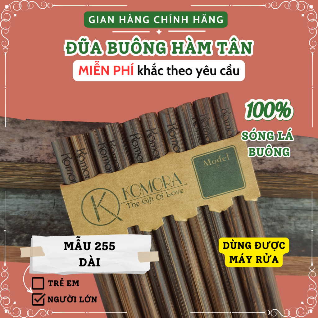 [Vỉ 5 Đôi] Mẫu 255 Dài, Đũa Buông Hàm Tân KOMORA, Miễn Phí Khắc Theo Yêu Cầu, Bền Chắc, Không Ẩm Mốc