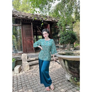 đồ lam đi lễ chùa thiết kế 12 nút ngọc trang nhã dưới 65kg (DB162U)