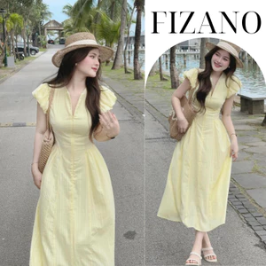 Váy nữ maxi cổ V tay ngắn cánh tiên dáng dài màu vàng pastel, đầm nữ sang chảnh tiểu thư ôm eo tôn dáng FIZANO HCOM25503