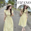 Váy nữ maxi cổ V tay ngắn cánh tiên dáng dài màu vàng pastel, đầm nữ sang chảnh tiểu thư ôm eo tôn dáng FIZANO HCOM25503