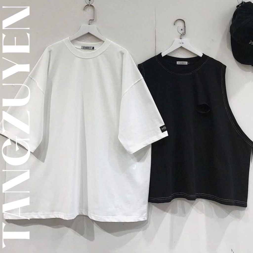 Set áo thun trắng tay lỡ và áo gile rách chỉ nổi Bộ tanktop sát nách đen nữ và áo phông trắng form rộng T31G