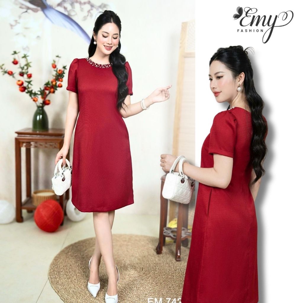 Đầm Suông EM7422 Màu Đỏ Hạt Cổ Tròn Tay Ngắn Mặc Hè