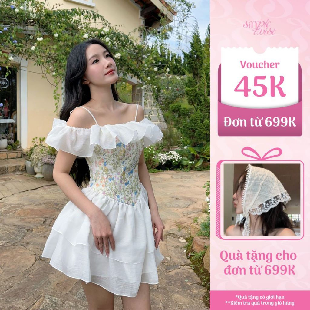 Ảnh Đầm Trễ Vai Trắng Phối Hoa CALLIOPE quyến rũ phù hợp đi chơi, dự tiệc - Simple Twist 1