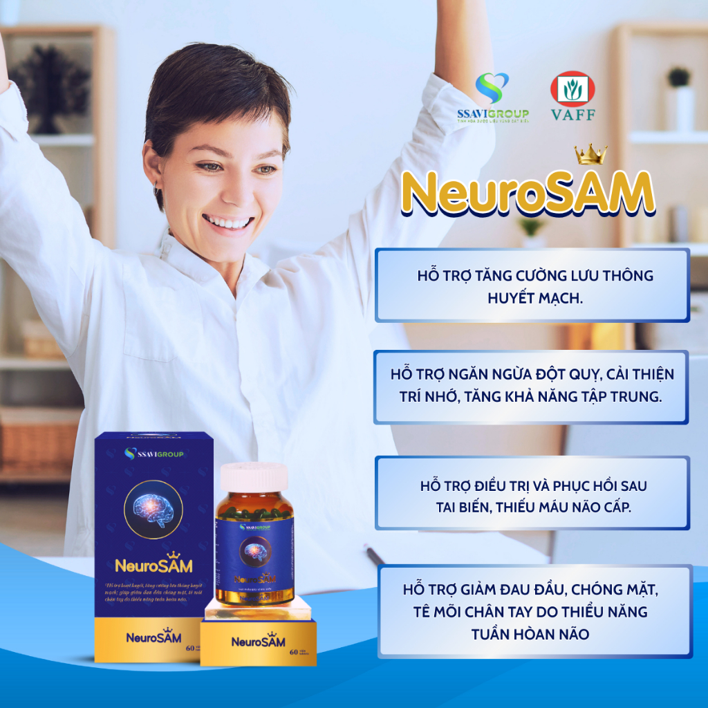 Viên uống hoạt huyết dưỡng não bổ não Neurosam, viên uống bổ não giảm đau đầu, chóng mặt, tê tay