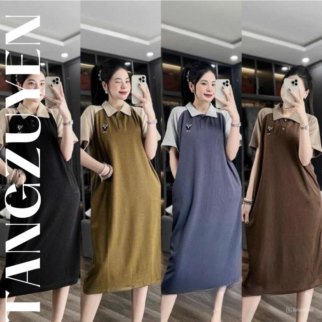 ( nhiều mẫu ) Váy thun polo cộc tay suông rộng basic Đầm bầu cổ bẻ polo thể thao form rộng đi chơi mặc nhà T610G