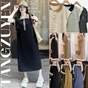 Váy thun polo cộc tay suông rộng basic Đầm bầu cổ bẻ polo thể thao form rộng đi chơi mặc nhà T610G