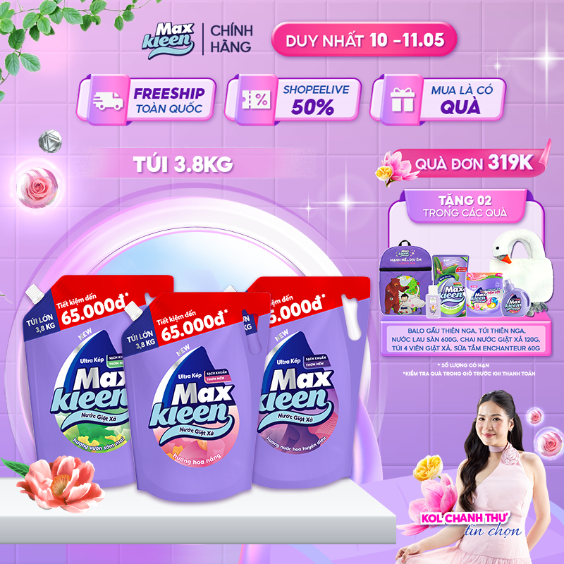 Ảnh Túi Nước Giặt Xả MaxKleen 3.8kg Hương Nước hoa huyền diệu/ Hoa nắng/ Vườn sớm mai 1
