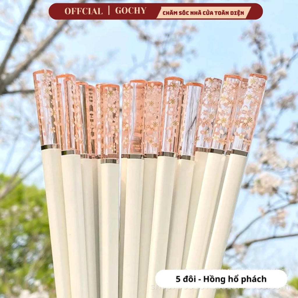 Bộ đũa sợi thủy tinh GOCHY họa tiết hoa anh đào 2 màu không mốc kháng ...
