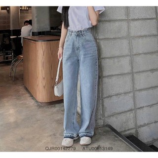 HALLO JEANS - Quần jean suông nữ xanh nhạt ống rộng 24cm, quần bò cạp cao thời trang ulzzang M010