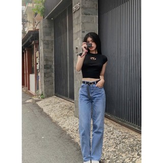 HALLO JEANS - Quần jean suông nữ xanh nhạt ống rộng 24cm, quần bò cạp cao thời trang ulzzang M010