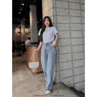 HALLO JEANS - Quần jean suông nữ xanh nhạt ống rộng 24cm, quần bò cạp cao thời trang ulzzang M010