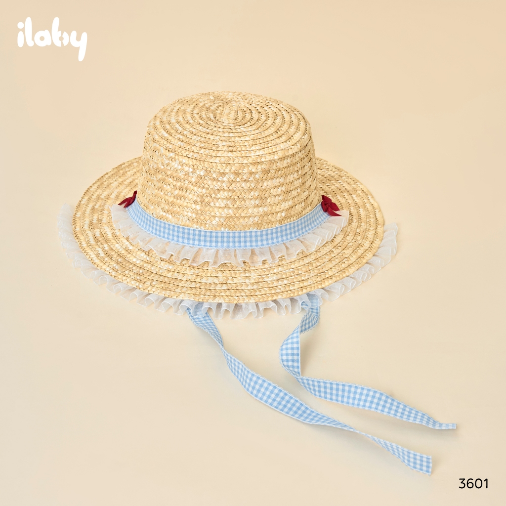 Mũi cói bé gái ILABY mũ cói rộng vành phối ren đi biển, dã ngoại, phong cách vintage [3601]