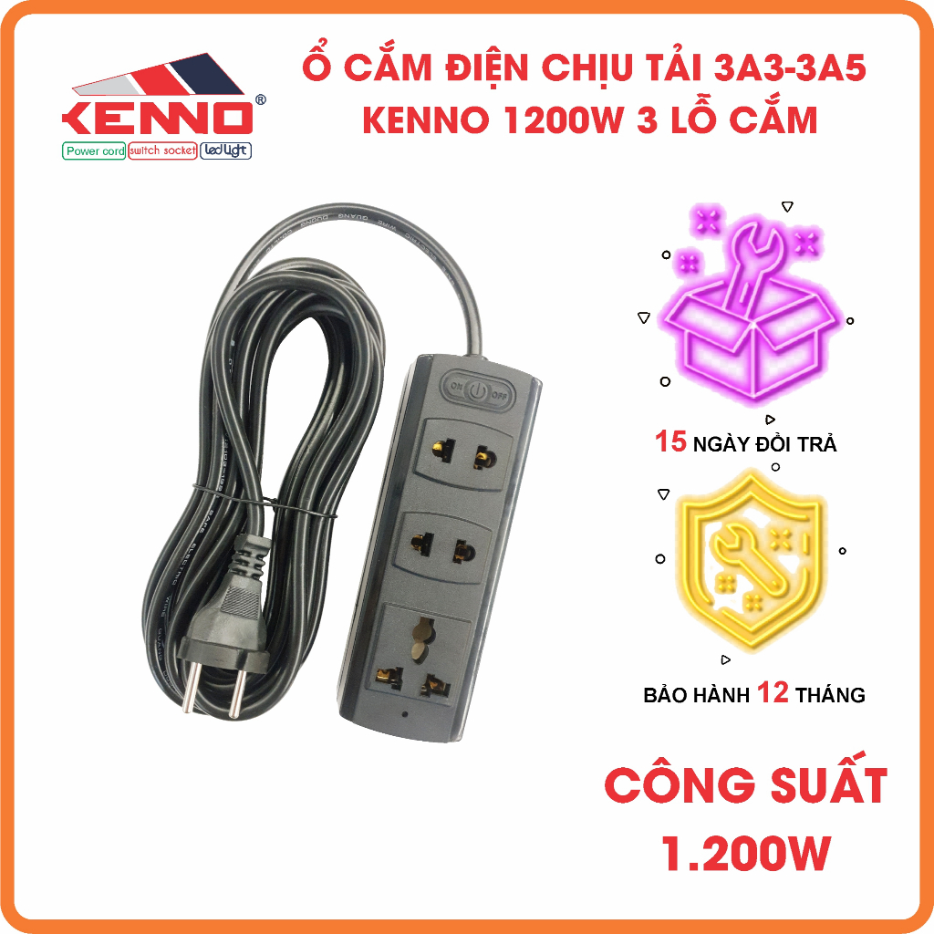 Combo 2 thùng Ổ cắm điện chịu tải 1200W Kenno lõi sứ mã 3A3 3A5 KENNO 3 lỗ cắm dùng cho máy tính, tivi, màn hình
