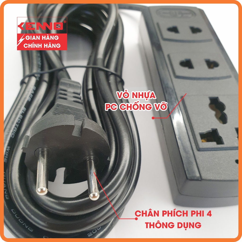 Combo 2 thùng Ổ cắm điện chịu tải 1200W Kenno lõi sứ mã 3A3 3A5 KENNO 3 lỗ cắm dùng cho máy tính, tivi, màn hình