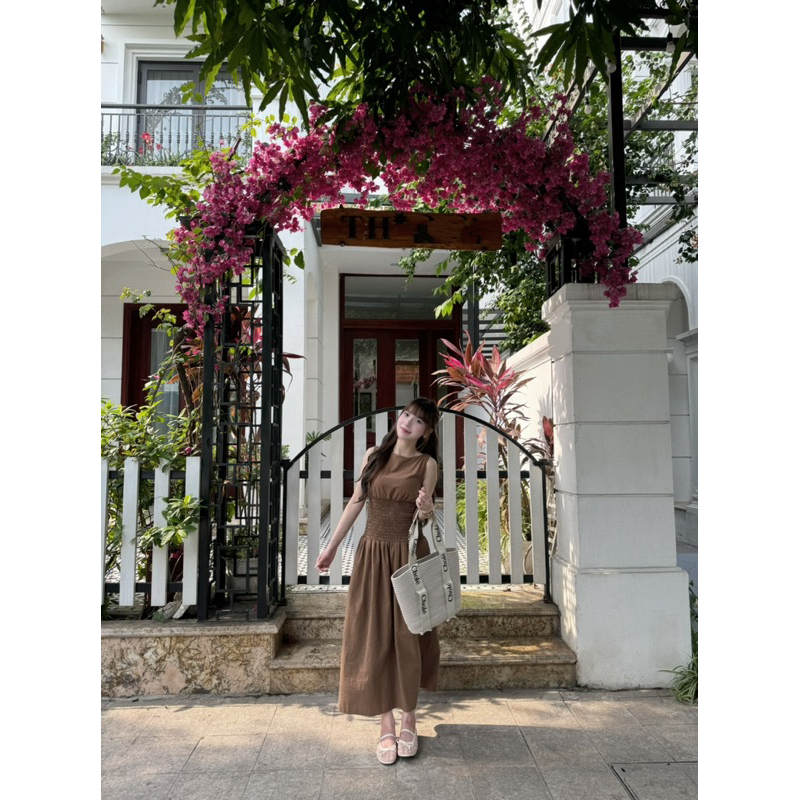 Đầm maxi nữ Chililuu váy dài cổ thuyền hở lưng sát nách chiết eo bo chun phong cách Hàn Quốc