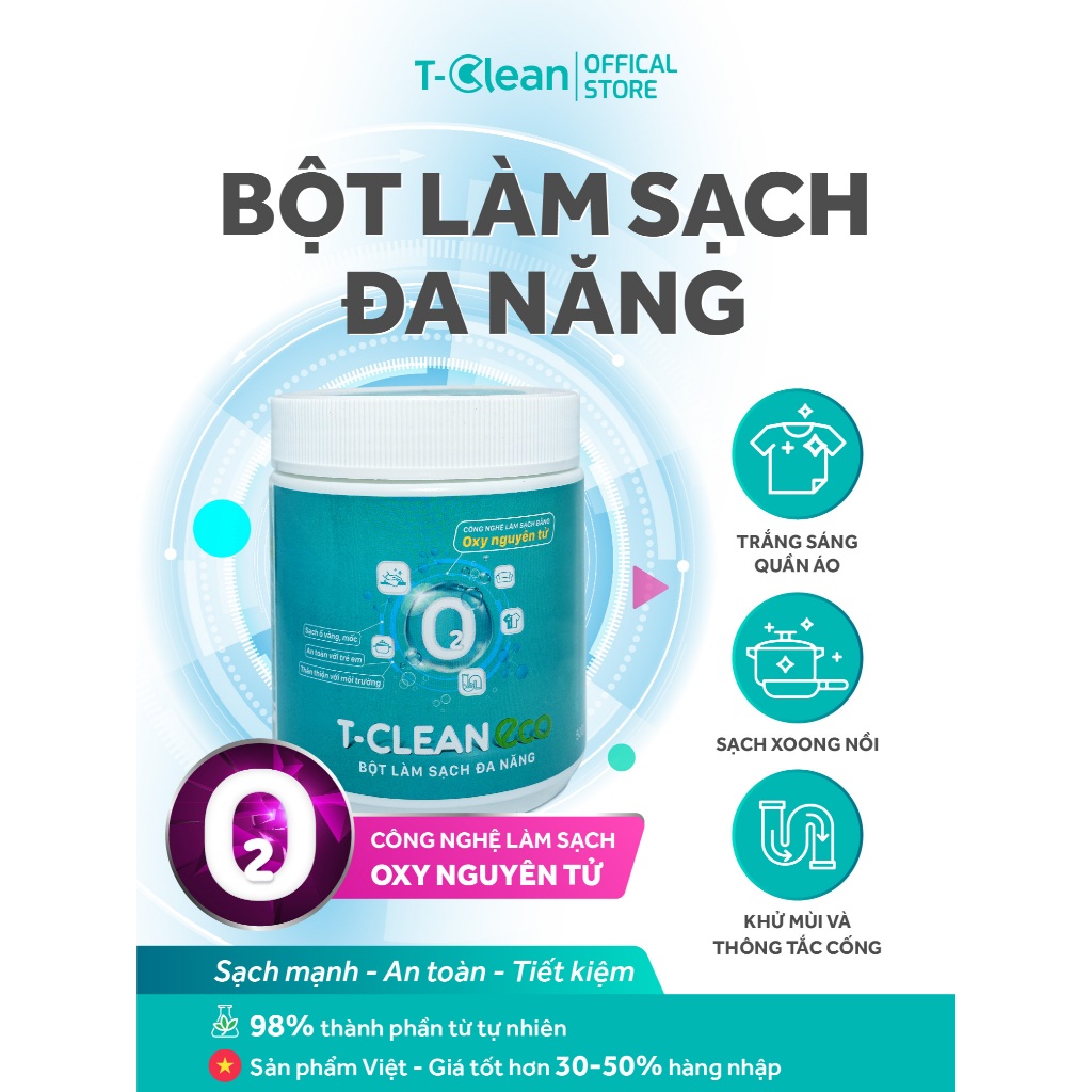 Bột đa năng T-Clean 98% tự nhiên làm sạch xoong nồi inox, quần áo, khử mùi hôi tắc cống..