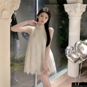 Đầm váy nữ công chúa babydoll thiết kế cố yếm màu trắng phối choker thời trang xu hướng Hàn SP138