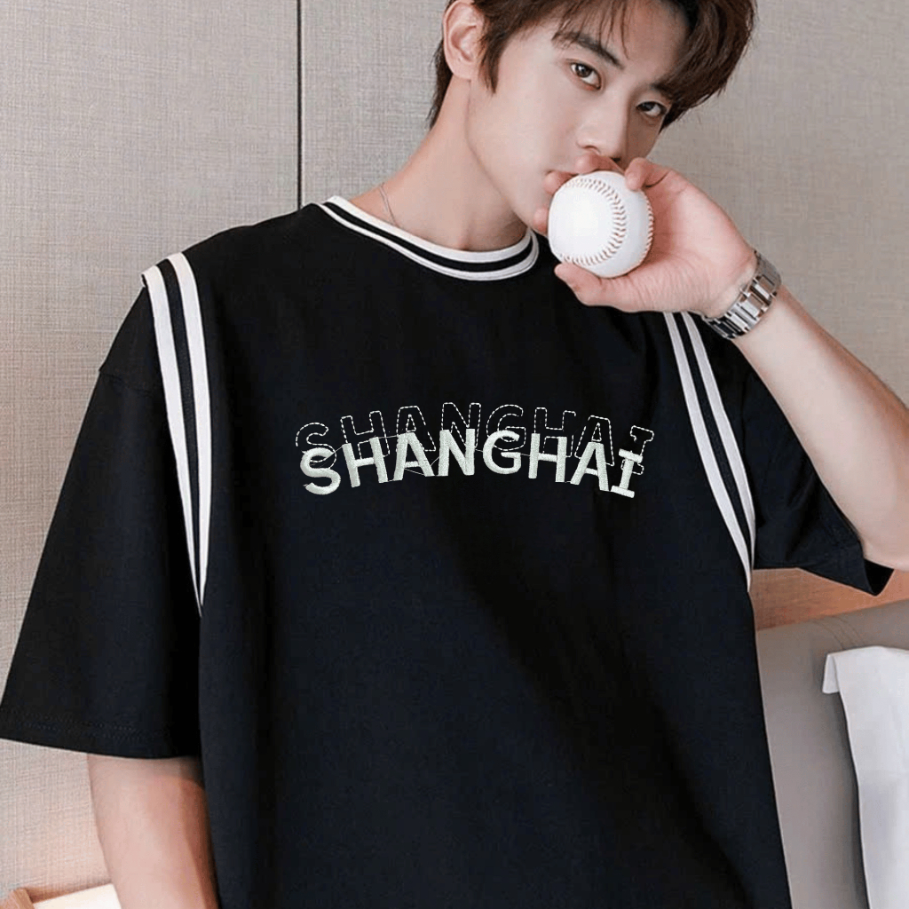 Áo thun Nam THÊU CHỮ NỔI Cotton 250MSG, Co Dãn, Regular Fit, Dễ Phối Outfit- SHINGHAI