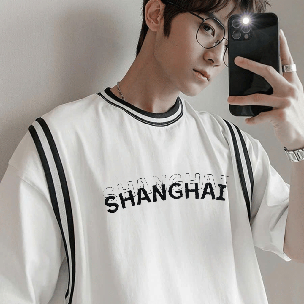 Áo thun Nam THÊU CHỮ NỔI Cotton 250MSG, Co Dãn, Regular Fit, Dễ Phối Outfit- SHINGHAI