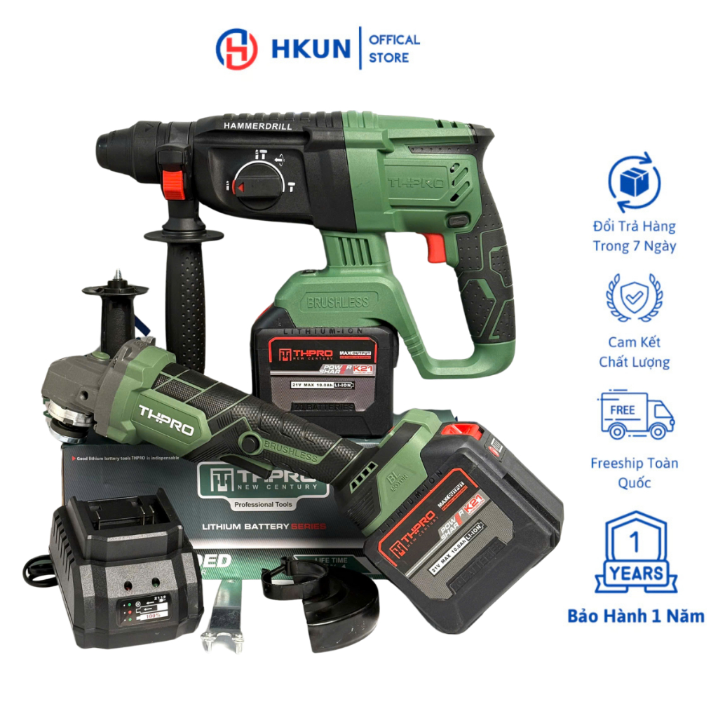 Combo Khoan Bê Tông THPRO TH226, Mài TH-8100 Động Cơ Không Chổi Than Lõi Đồng Kèm 2 Pin 20cell TH Và Sạc Chân Phổ Thông