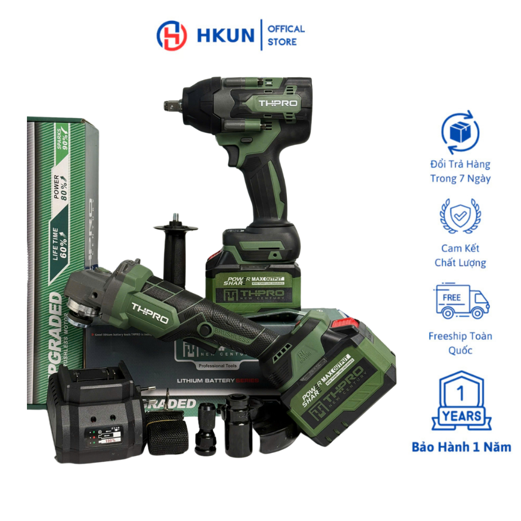 Combo Máy Siết Bulong THPRO TH900Nm Và Thân Mài TH-8100 Kèm 2 Pin 20cell Tặng Sạc Chân Phổ Thông 4cm