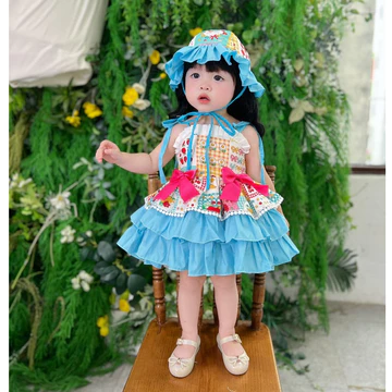 (Bé Cưng Store) Váy Lolita Hai Dây Xanh Cherry Hoa 2 Nơ Đỏ Kèm Mũ Và Chip 4-19 Kg,Váy Cho Bé Gái Đầy Tháng Sinh Nhật Dự