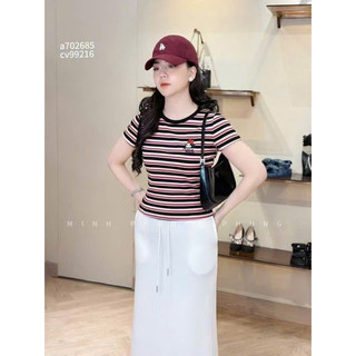 Áo phông cotton tâm kẻ ngang thêu Mickey mouse MCQM