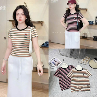 Áo phông cotton tâm kẻ ngang thêu Mickey mouse MCQM