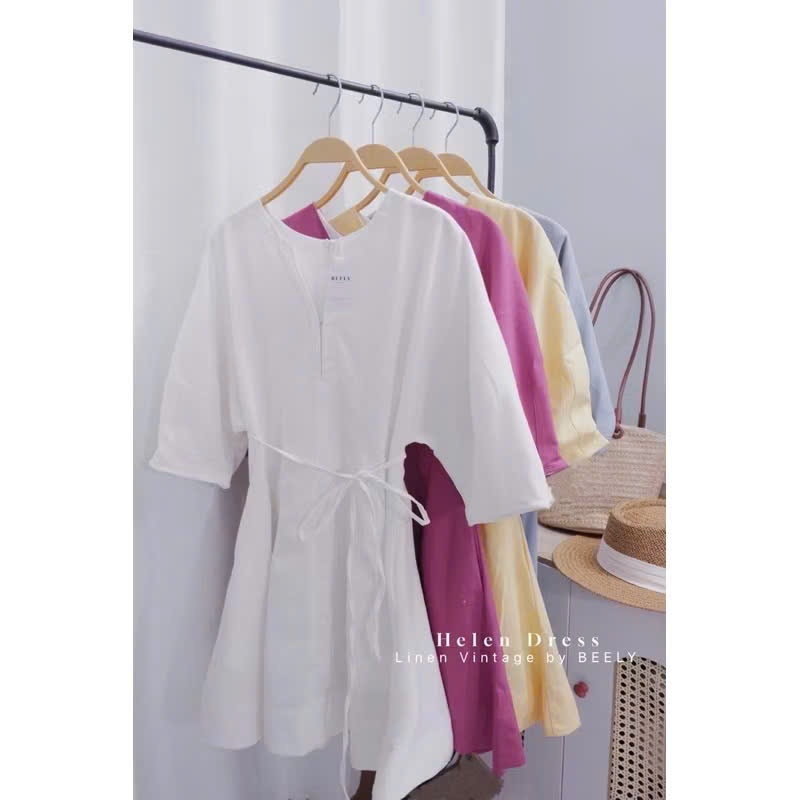 𝗛𝗲𝗹𝗲𝗻 Đầm linen 2 lớp chiết eo tay phồng cổ V+DÂY nơ