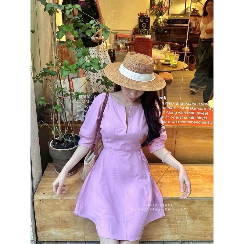 𝗛𝗲𝗹𝗲𝗻 Đầm linen 2 lớp chiết eo tay phồng cổ V+DÂY nơ