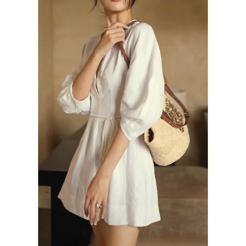 𝗛𝗲𝗹𝗲𝗻 Đầm linen 2 lớp chiết eo tay phồng cổ V+DÂY nơ