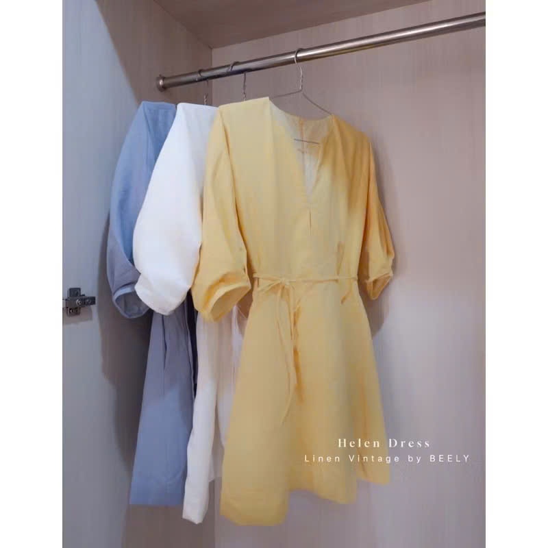 𝗛𝗲𝗹𝗲𝗻 Đầm linen 2 lớp chiết eo tay phồng cổ V+DÂY nơ