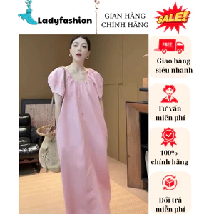 Váy Suông Hồng Pastel nhẹ nhàng tôn da cao cấp,Váy hồng tay bồng tay ngắn cổ tim phù hợp đi chơi,dự tiệc New Hot 2025