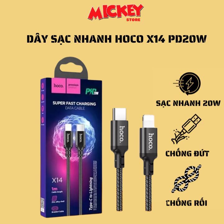 Dây Sạc Nhanh Hoco X14 PD 20W Type-C to Lighttnning Dây Dù Chống Gãy, Chống Đứt Dài 1M/2M