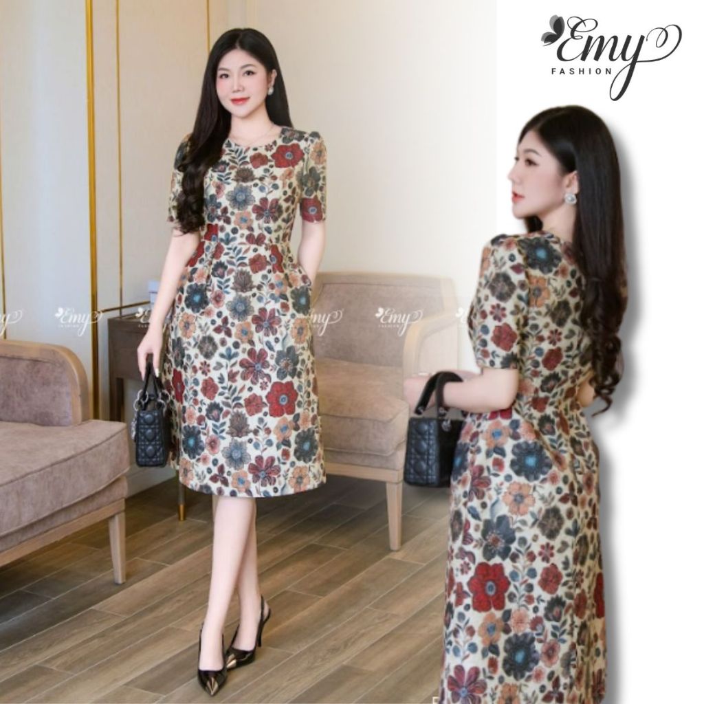 Đầm Thiết Kế EMY Thời Trang Cao Cấp EM7655 Đầm Suông Vải Gấm Hoa Sang Chảnh Đi Tiệc