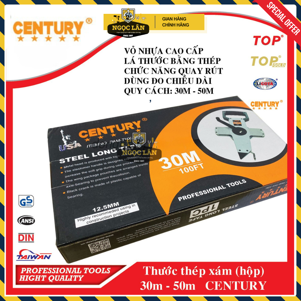 [Chính hãng] Thước thép xám Century kiểu xách tay 30m, 50m cao cấp