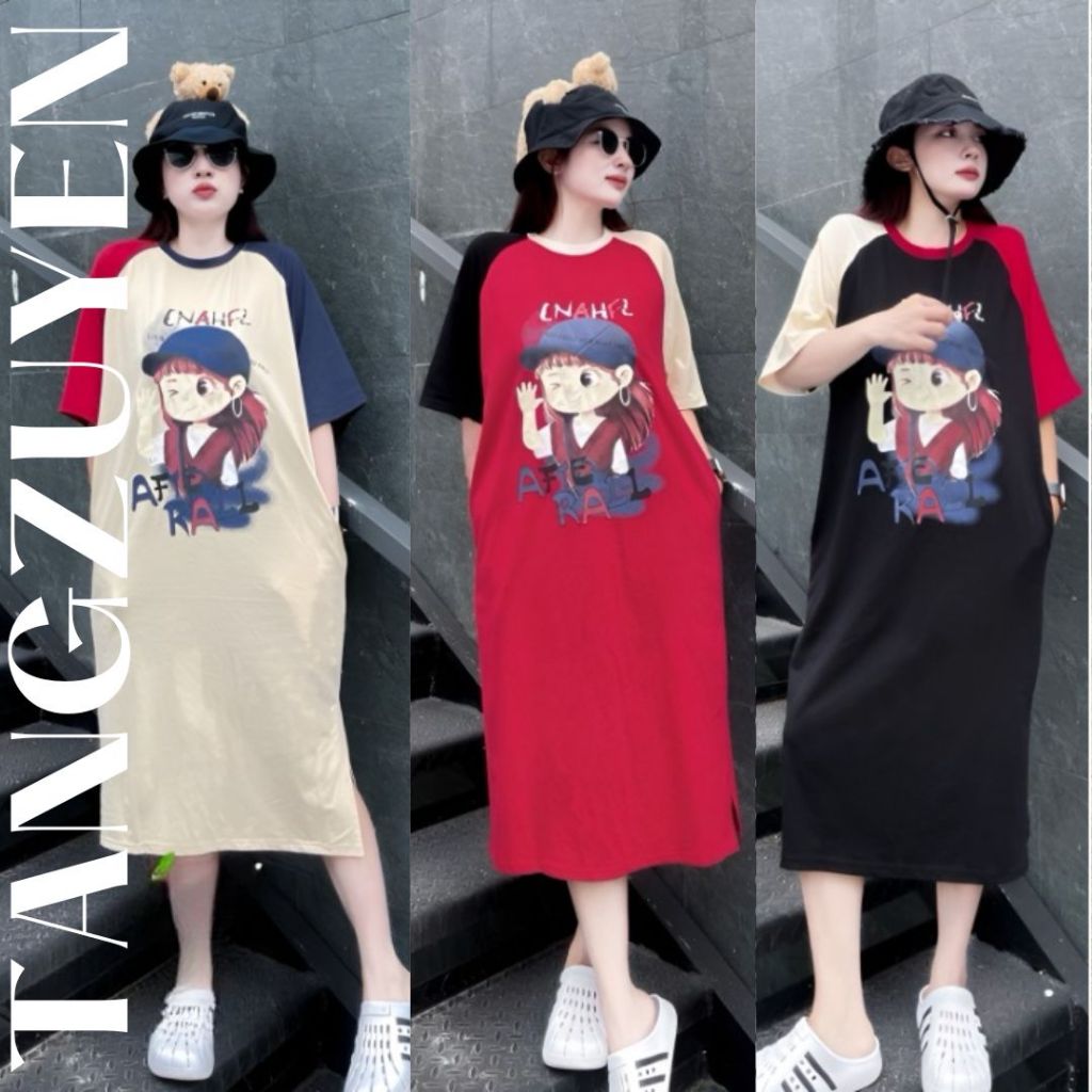 ( Nhiều họa tiết ) Váy thun dáng dài cộc tay form rộng Đầm bầu dài không cổ mặc nhà đi chơi bigsize cute T180G